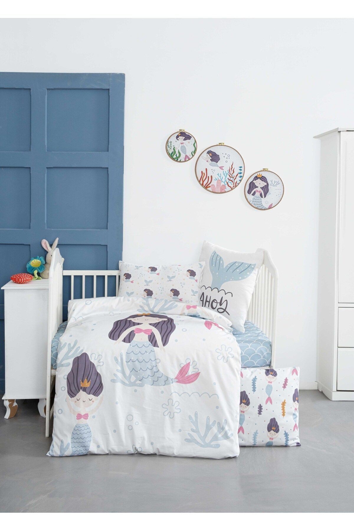Mibabies ; Mermaid Bebek Odası Seti, Nevresim Takımı, Kırlent, Duvar Süsü, %100 Pamuk,