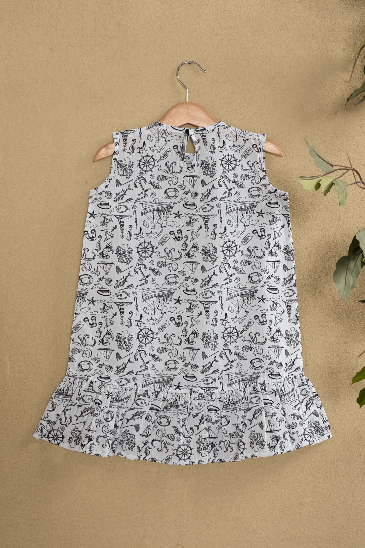 Deniz Temalı Kolsuz Kız Çocuk Elbisesi – %100 Pamuk, Yazlık Rahat Model