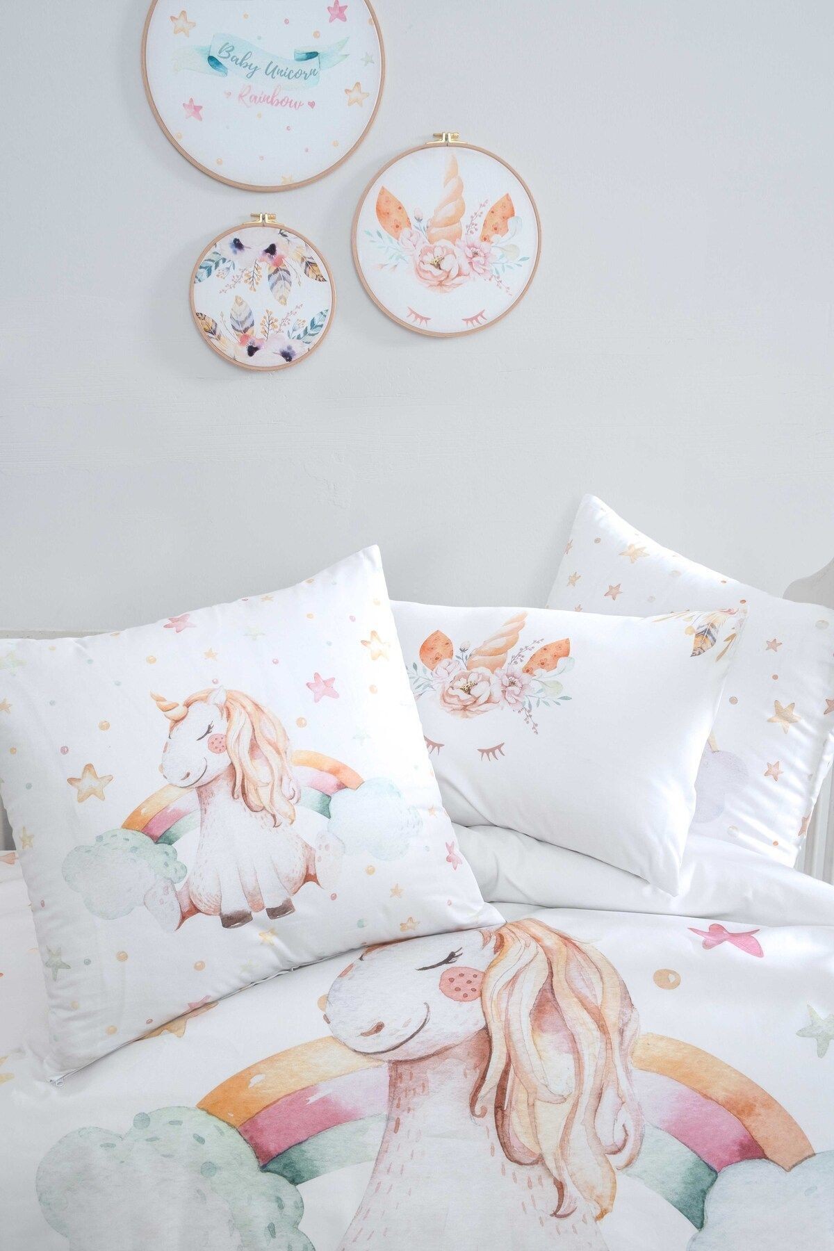 Mibabies; Baby Unicorn, %100 Pamuk Bebek Odası Seti: Nevresim Takımı, Kırlent, 3'lü Tablo