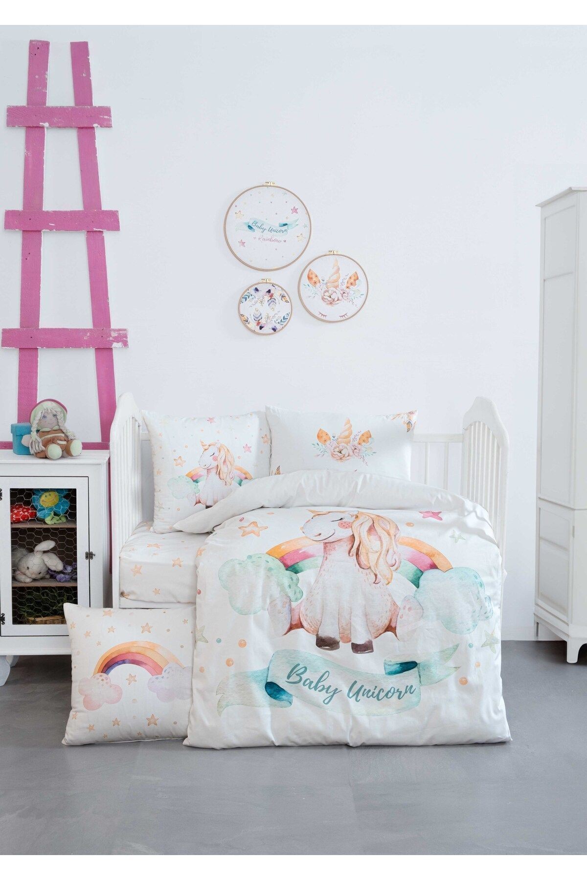 Mibabies; Baby Unicorn, %100 Pamuk Bebek Odası Seti: Nevresim Takımı, Kırlent, 3'lü Tablo