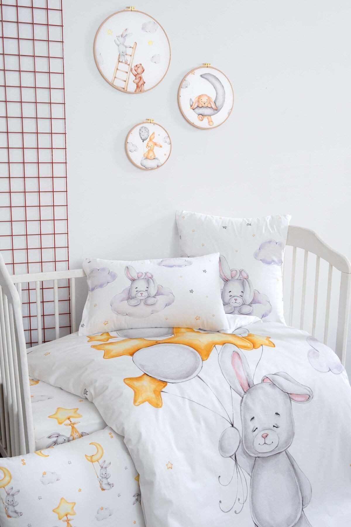 Mibabies; Cute Rabbit, Bebek Odası Seti: Nevresim Takımı, Kırlent, Duvar Süsü, %100 Pamuk,
