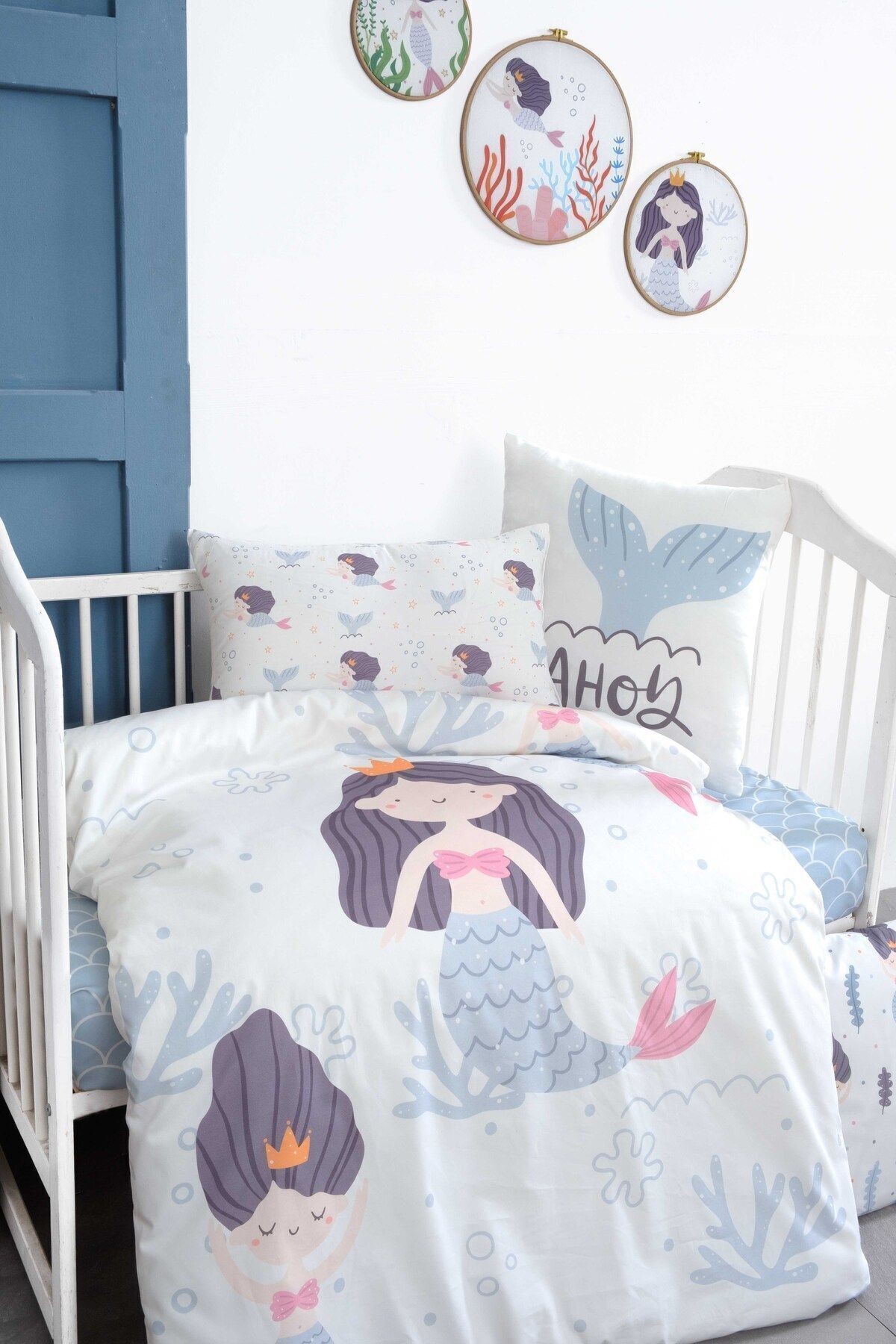 Mibabies ; Mermaid Bebek Odası Seti, Nevresim Takımı, Kırlent, Duvar Süsü, %100 Pamuk,