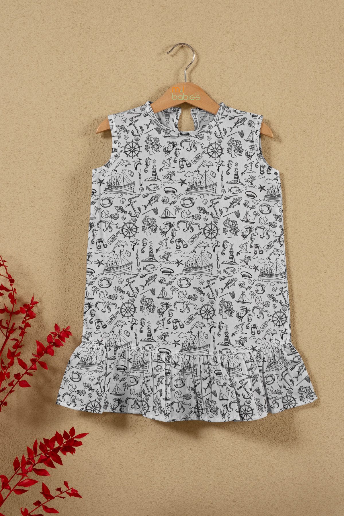 Deniz Temalı Kolsuz Kız Çocuk Elbisesi – %100 Pamuk, Yazlık Rahat Model