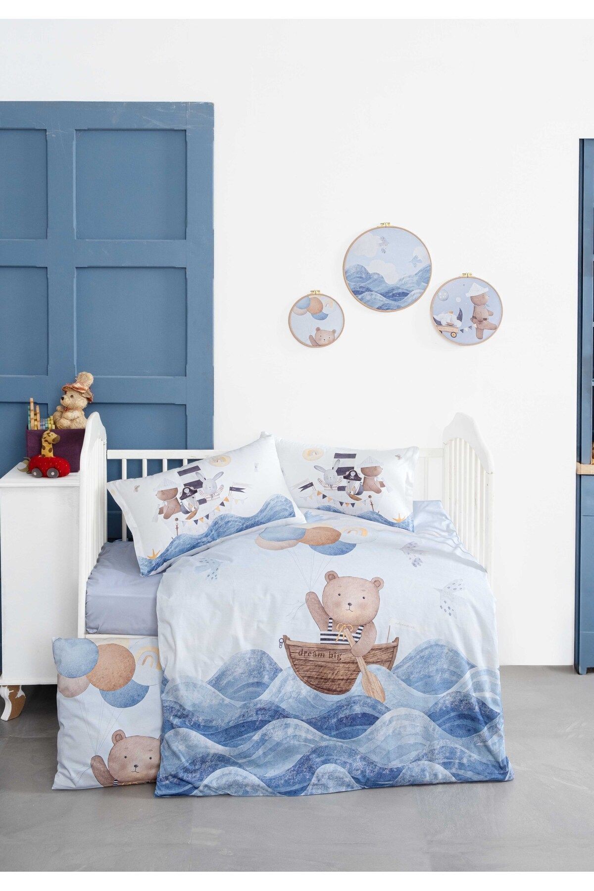 Mibabies; Captain Bear, %100 Pamuk, Bebek Odası Seti, Nevresim Takımı, Kırlent, Duvar Süsü