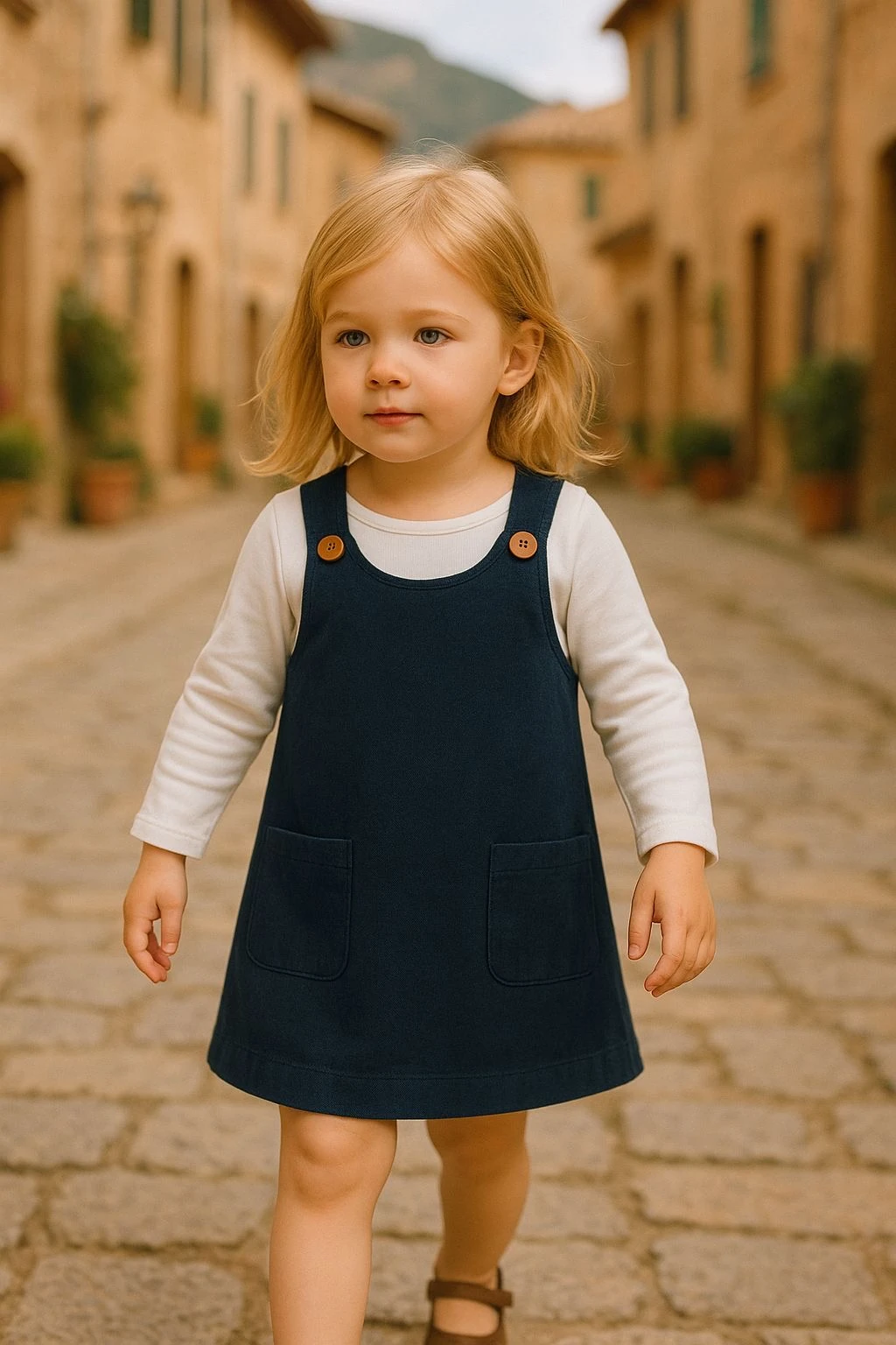 Kız çocuk Salopet Mavi Elbise 2'li Takım , % 100 Pamuklu