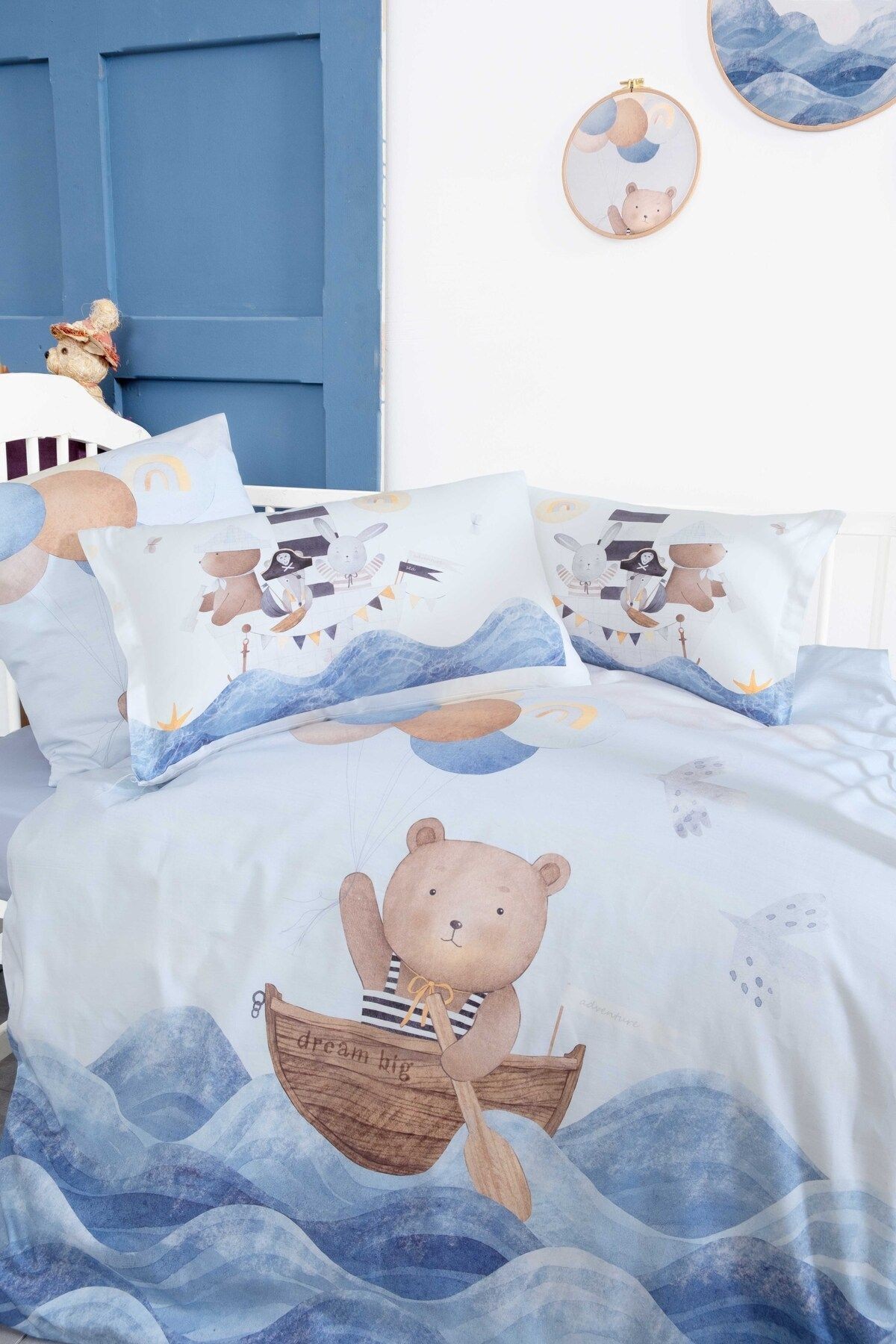 Mibabies; Captain Bear, %100 Pamuk, Bebek Odası Seti, Nevresim Takımı, Kırlent, Duvar Süsü