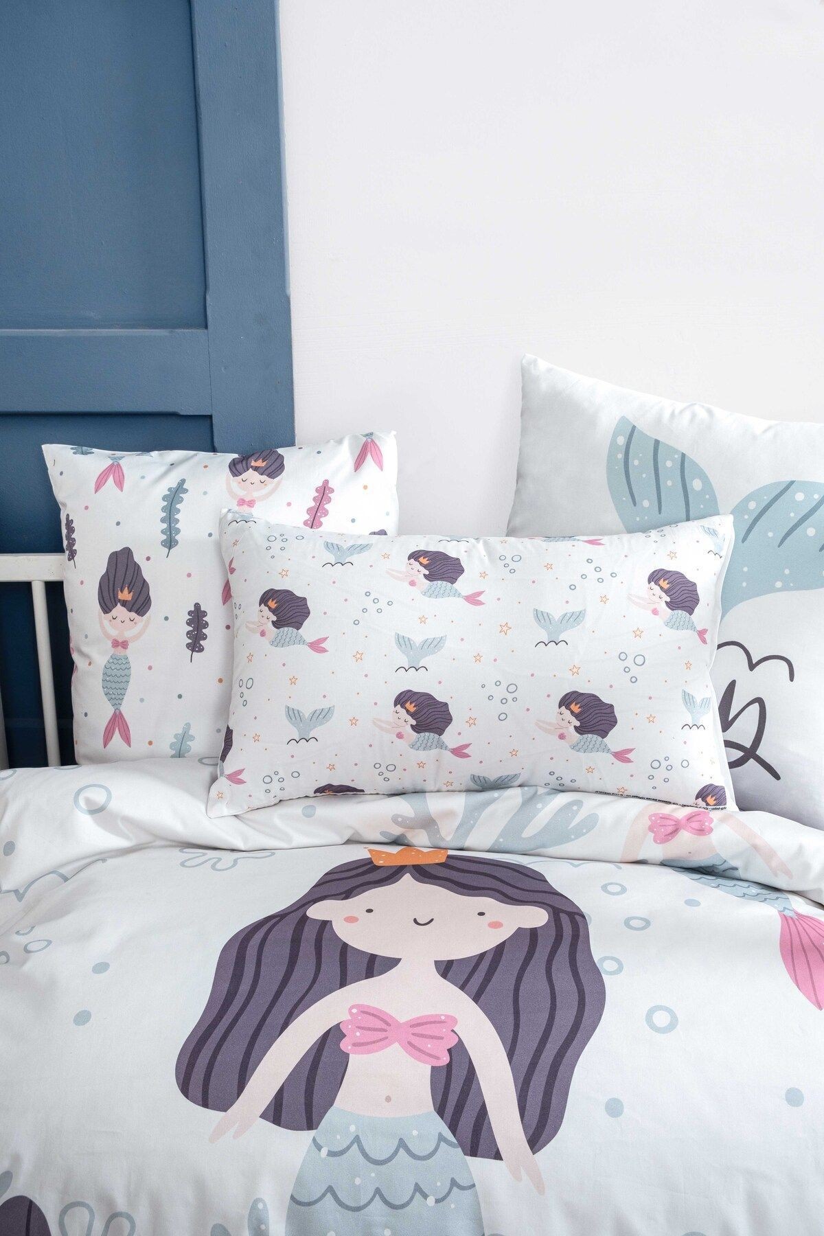 Mibabies ; Mermaid Bebek Odası Seti, Nevresim Takımı, Kırlent, Duvar Süsü, %100 Pamuk,