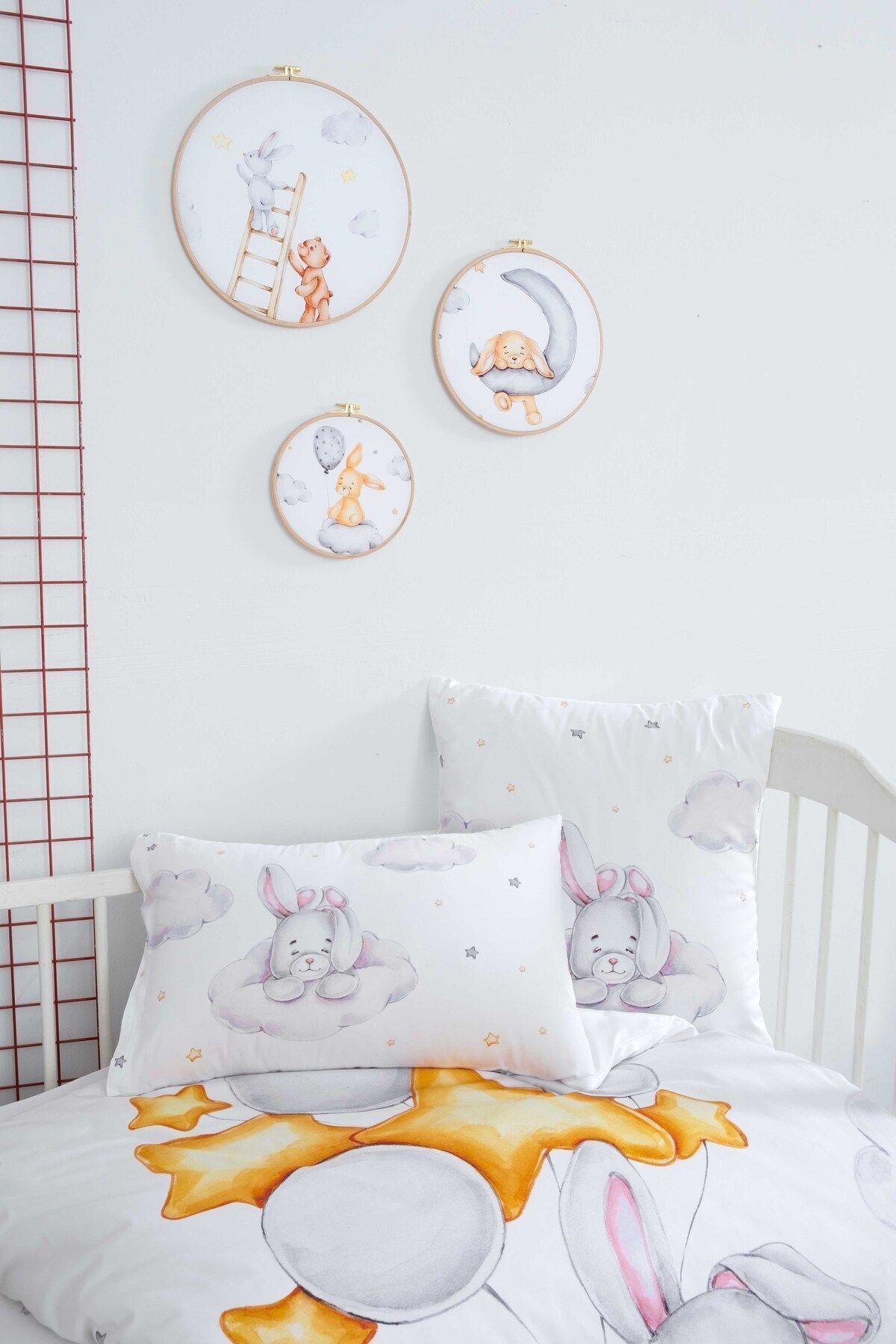 Mibabies; Cute Rabbit, Bebek Odası Seti: Nevresim Takımı, Kırlent, Duvar Süsü, %100 Pamuk,