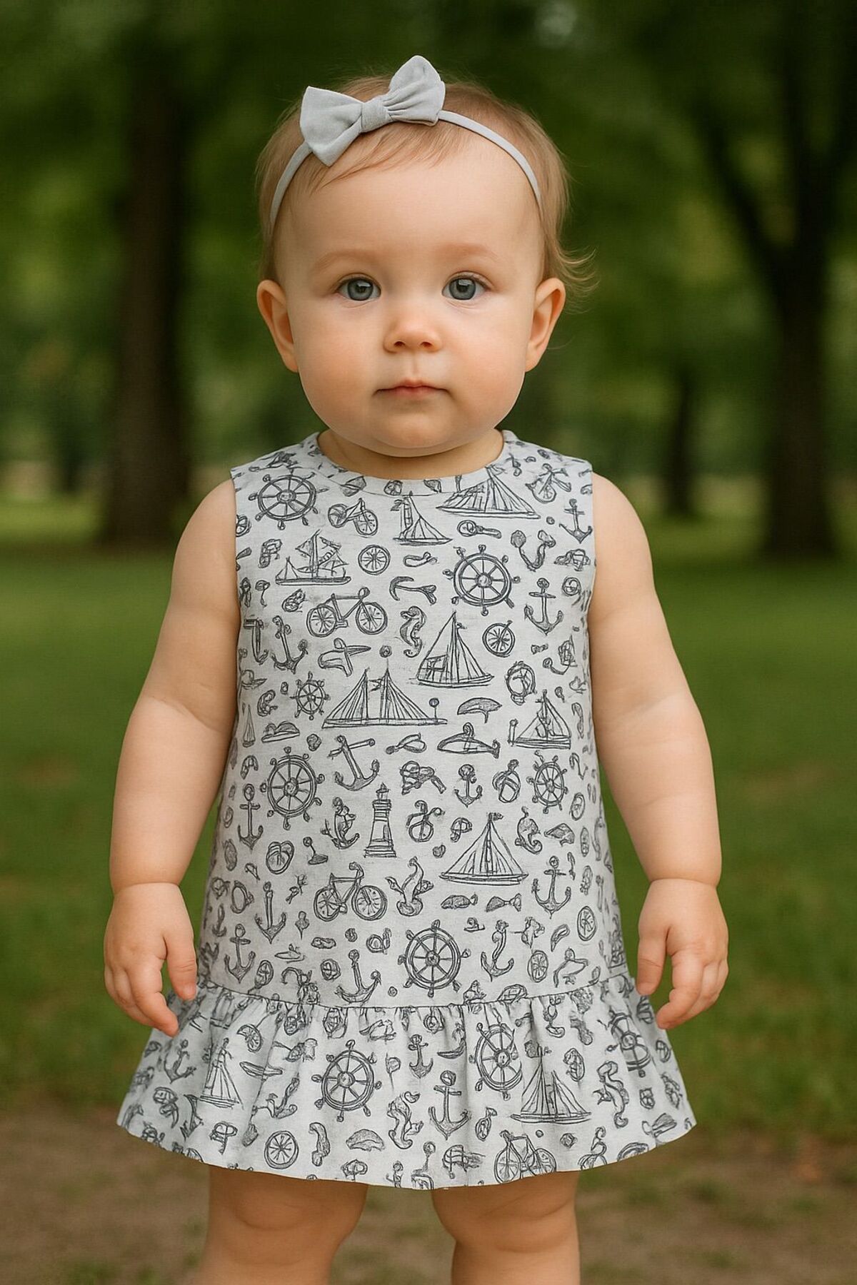 Deniz Temalı Kolsuz Kız Çocuk Elbisesi – %100 Pamuk, Yazlık Rahat Model