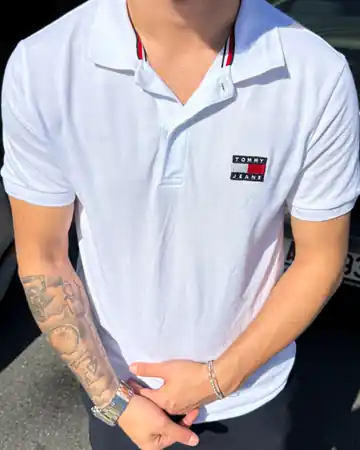 Bayrak Desenli Logo Detaylı Polo Yaka T-Shirt - Beyaz