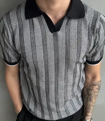 Piti Kare Desenli Çizgili Polo Yaka Triko Tshirt