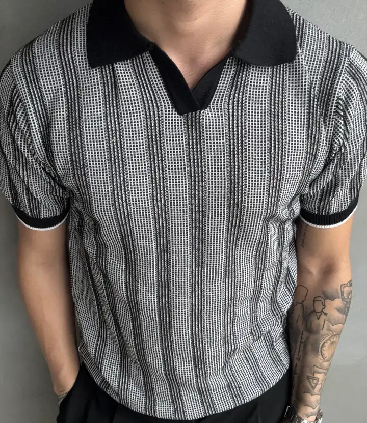 Piti Kare Desenli Çizgili Polo Yaka Triko Tshirt