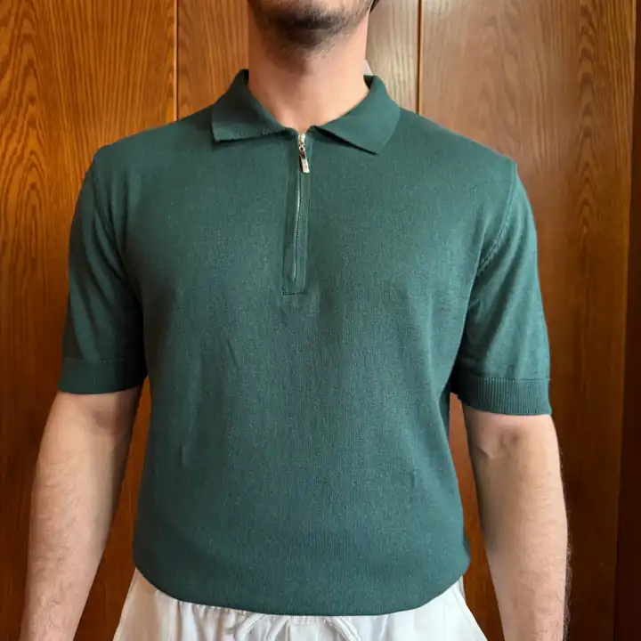 Yarım Fermuarlı Polo Yaka Triko T-Shirt - Yeşil