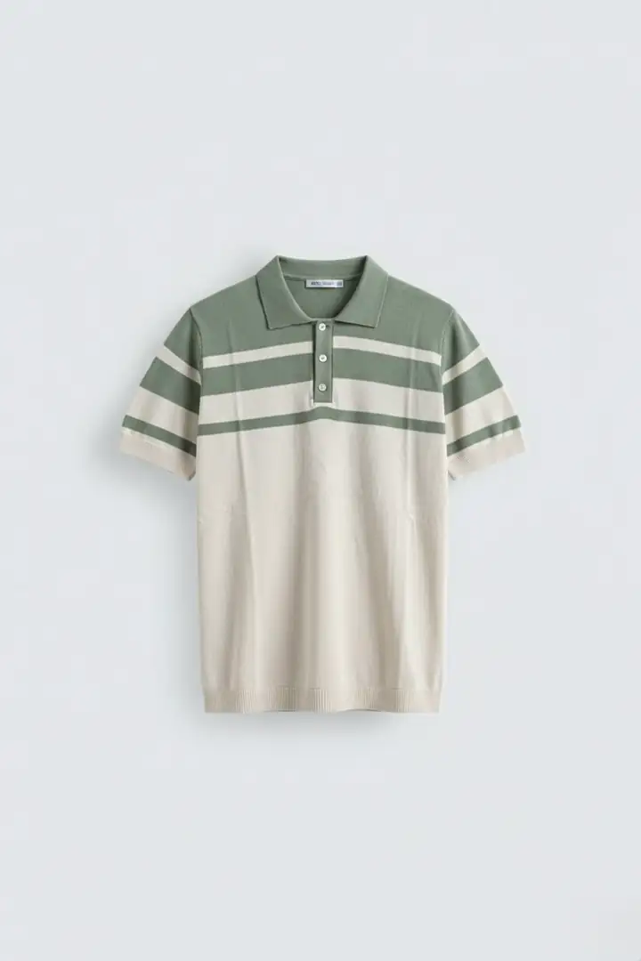Çift Renk Şeritli Polo Yaka T-Shirt - Haki