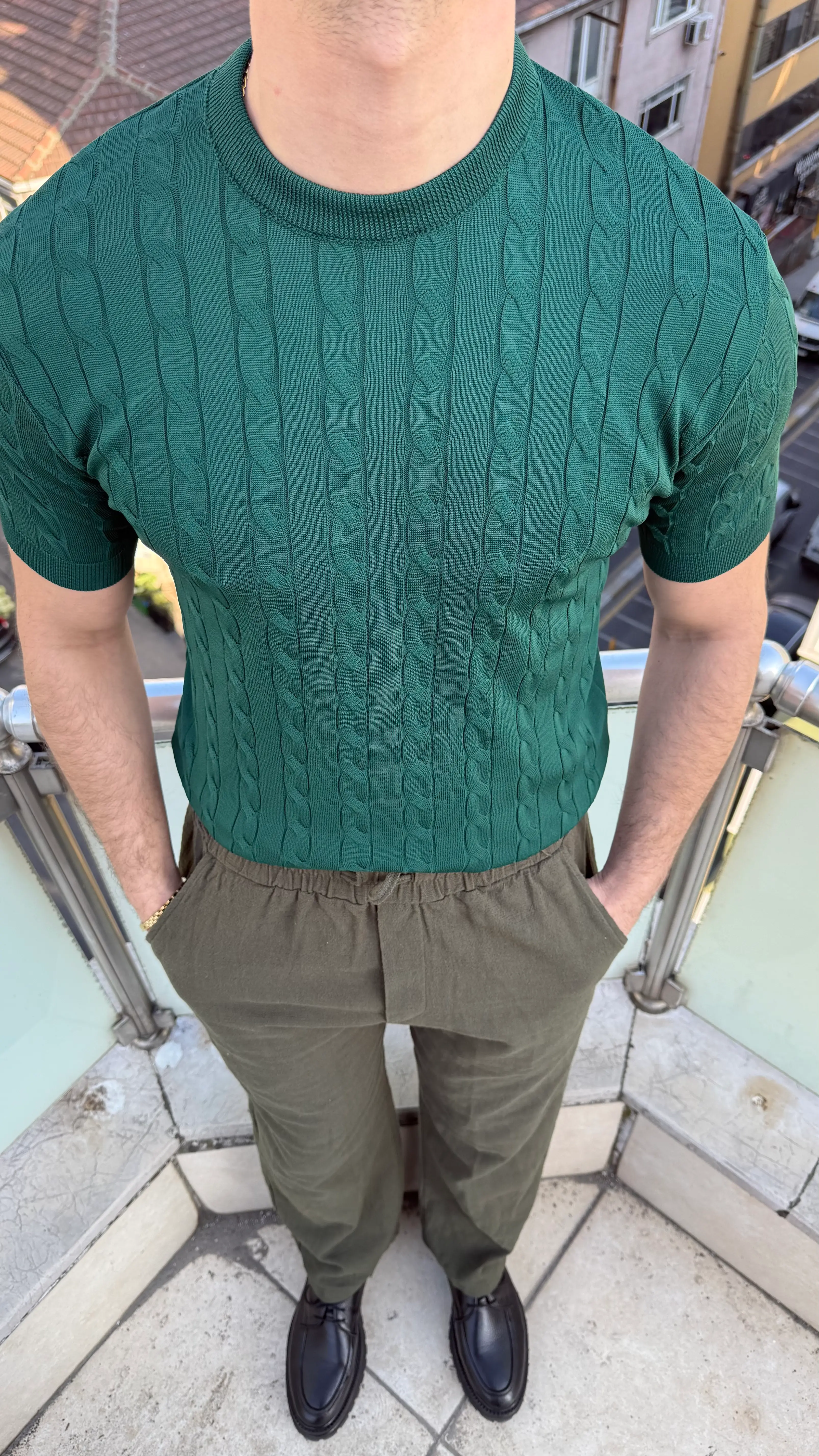 Saç Örgü Bisiklet Yaka Triko T-Shirt