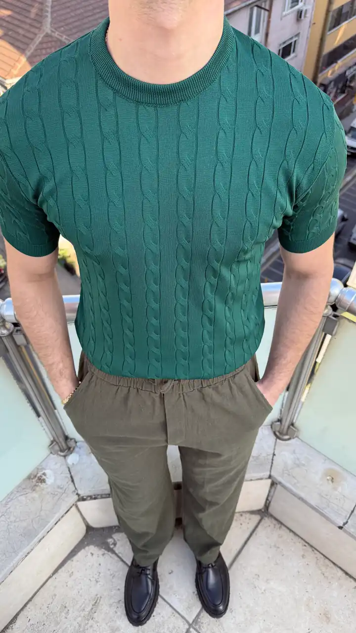 Saç Örgü Bisiklet Yaka Triko T-Shirt