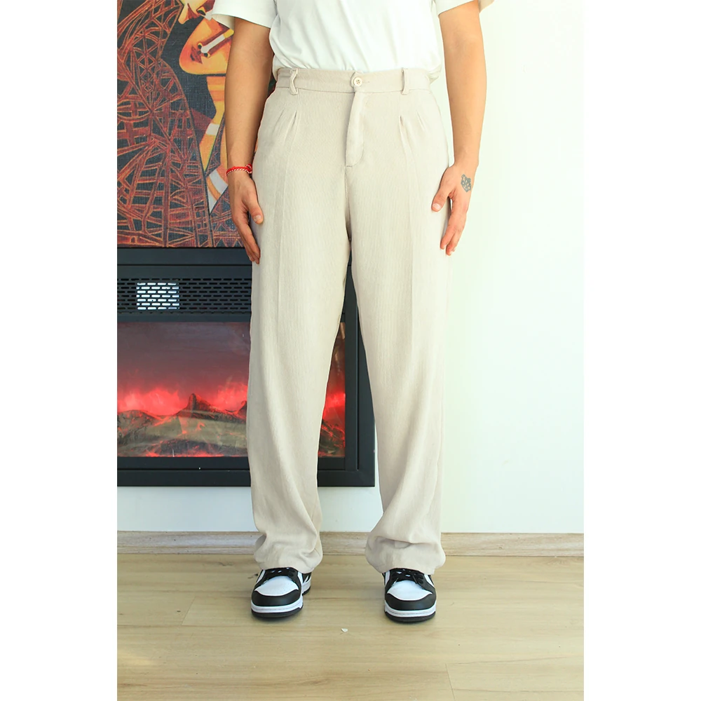 Kadife İnce Çizgili Bel Lastikli Pantolon