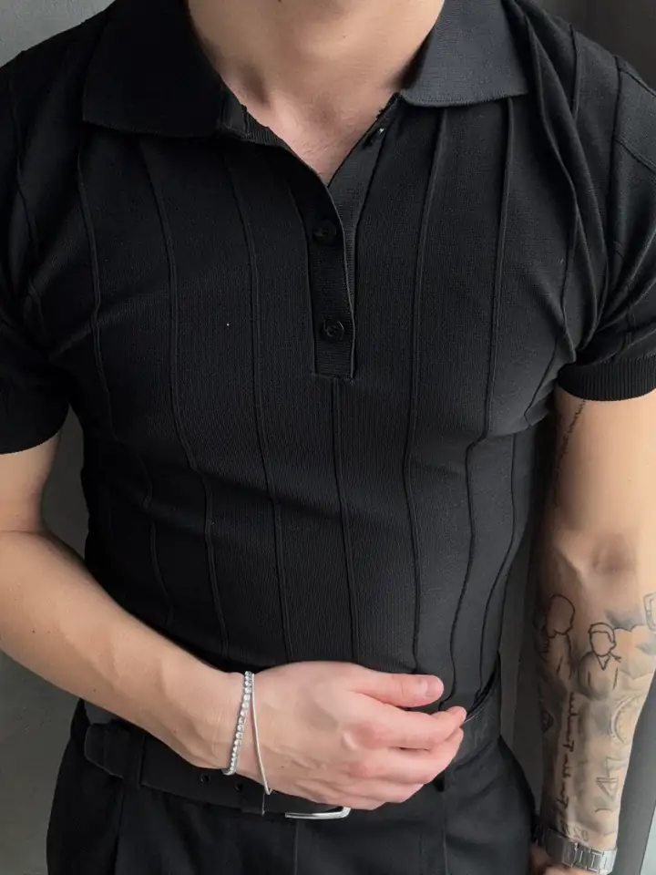 3 Düğmeli Yakalı Çizgi Detaylı Triko Tshirt - Siyah