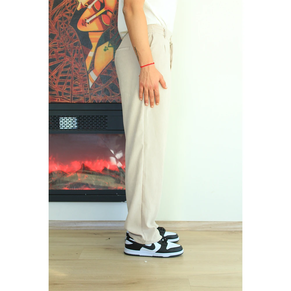 Kadife İnce Çizgili Bel Lastikli Pantolon