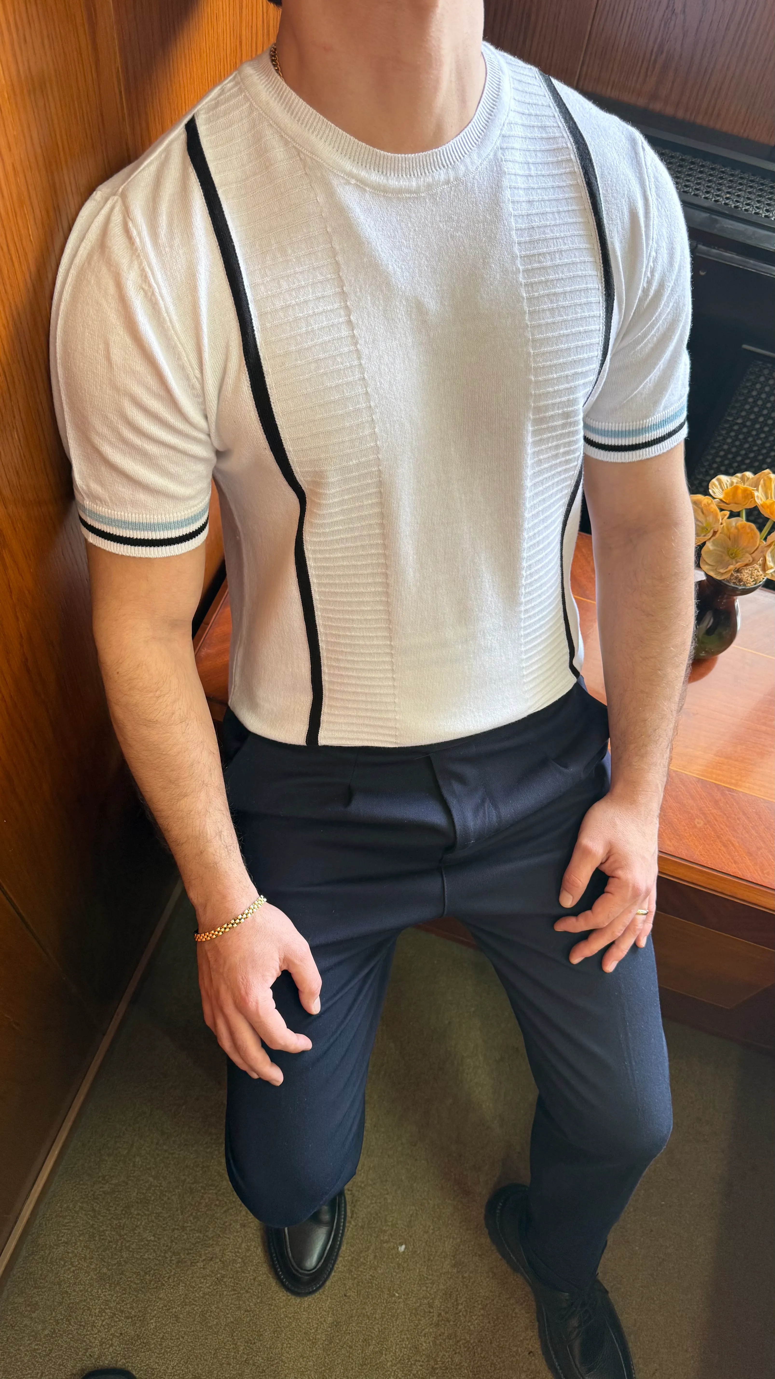 Çizgi Detaylı Bisiklet Yaka Triko T-Shirt