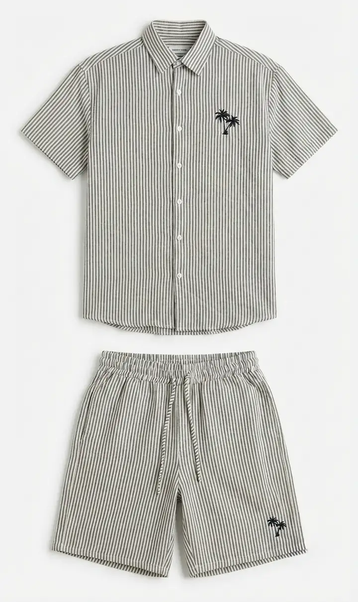 Çizgili Baskılı Keten Şort Takım - Gri