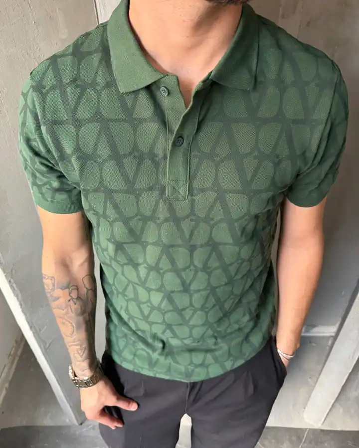 Full Logo Desenli Polo Yaka T-Shirt - Yeşil