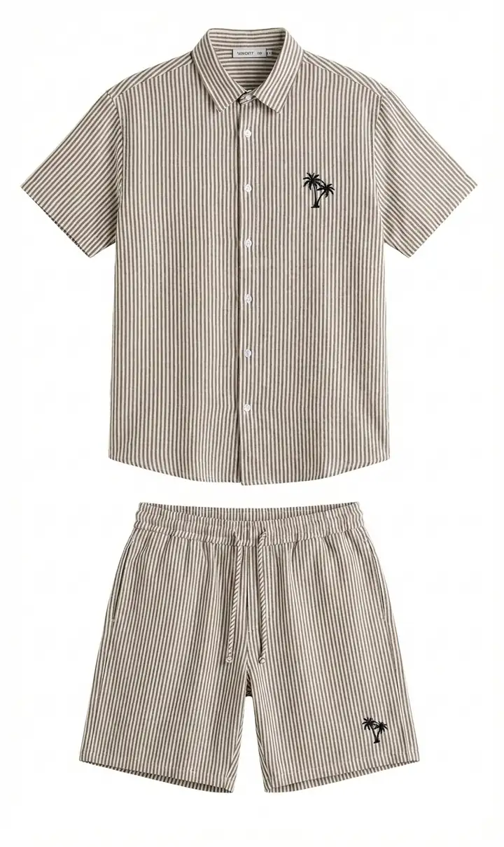 Çizgili Baskılı Keten Şort Takım - Taş
