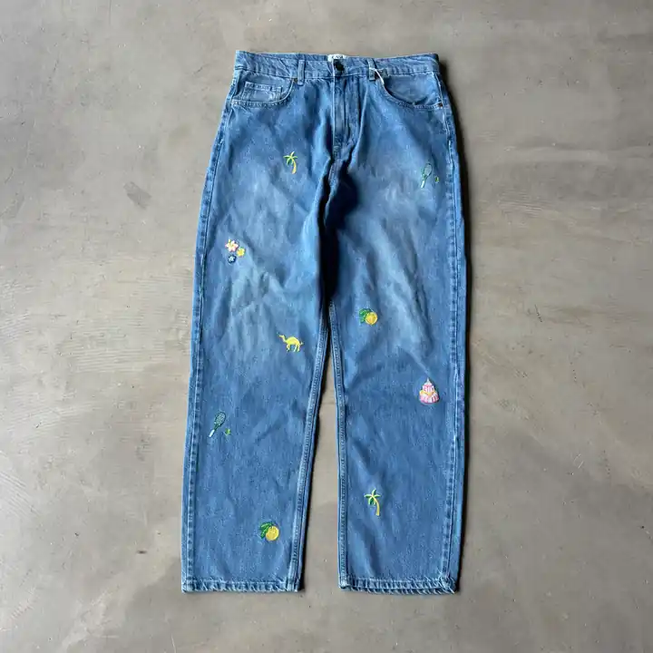 Desen Nakışlı Baggy Kot Pantolon