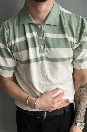 Çift Renk Şeritli Polo Yaka T-Shirt - Haki