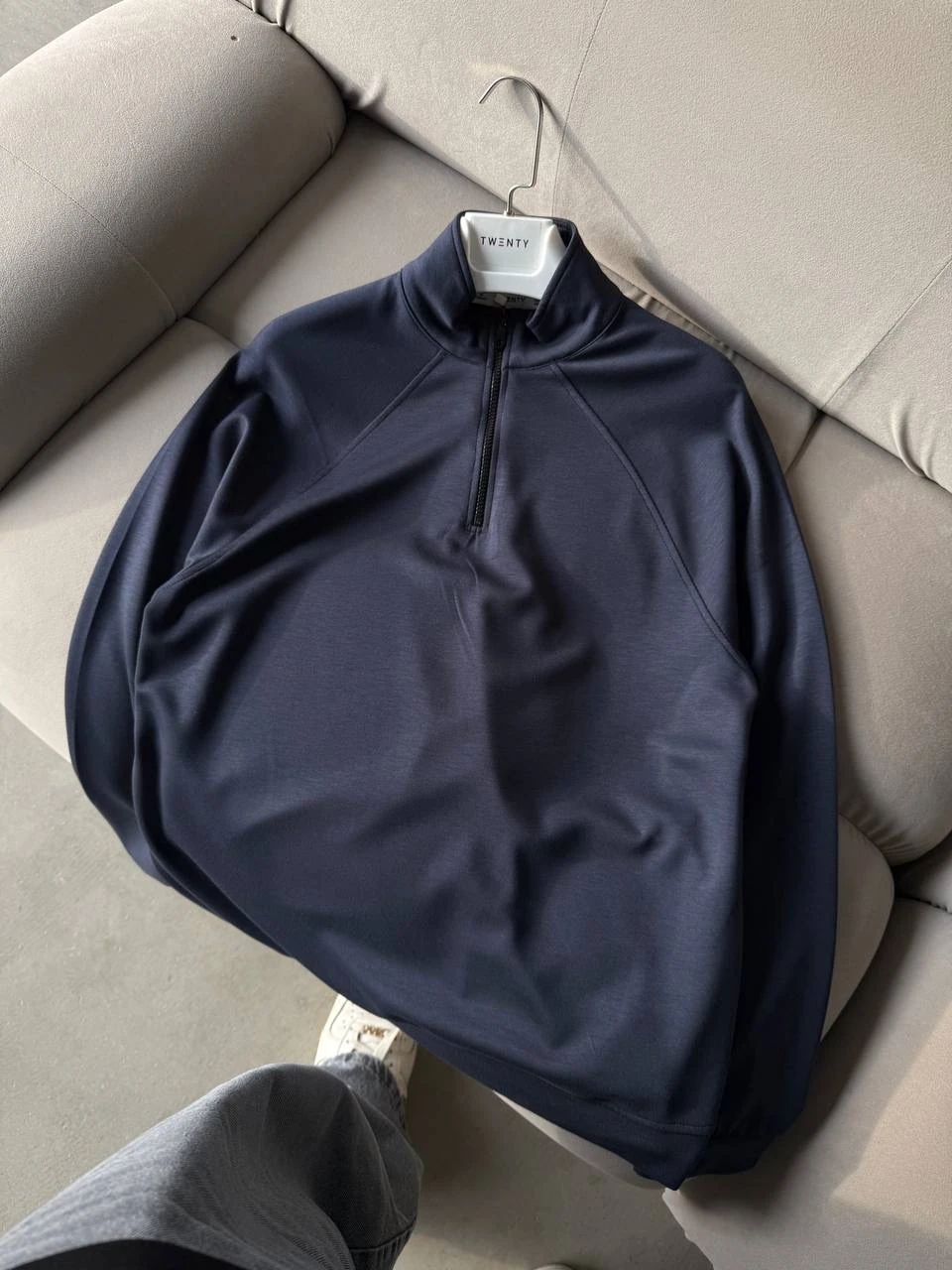 Premium Basic Pamuklu Yarım Fermuarlı Sweatshirt - Açık Lacivert