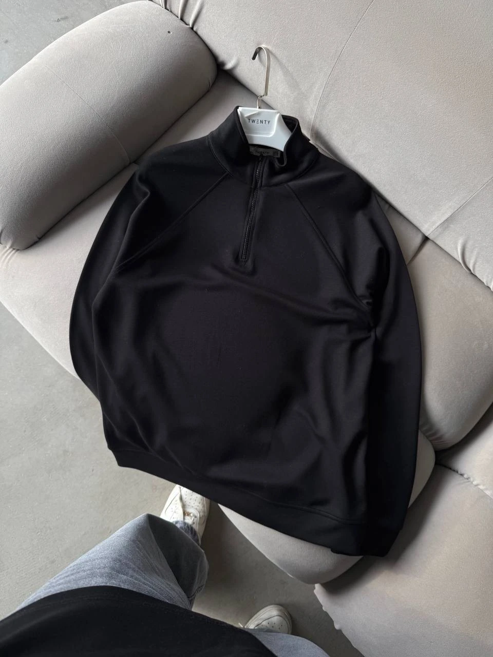 Premium Basic Pamuklu Yarım Fermuarlı Sweatshirt - Siyah