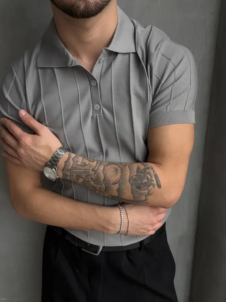 3 Düğmeli Yakalı Çizgi Detaylı Triko Tshirt - Gri