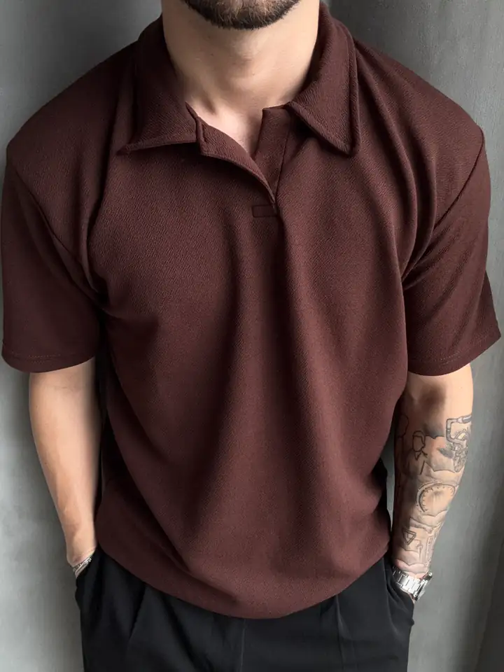 Zara Krep Hemşire Yaka Triko Tshirt - Kahverengi