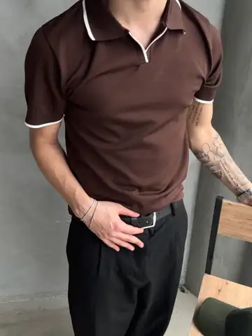 Yaka Çizgili Tek Plaka Polo Yaka Triko Tshirt - Kahverengi