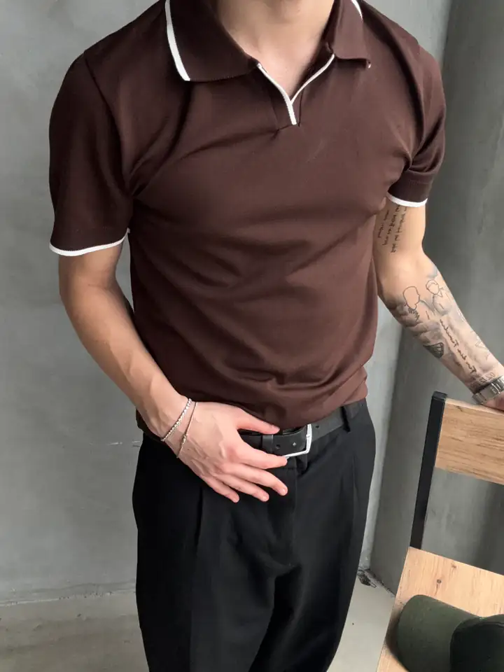 Yaka Çizgili Tek Plaka Polo Yaka Triko Tshirt - Kahverengi