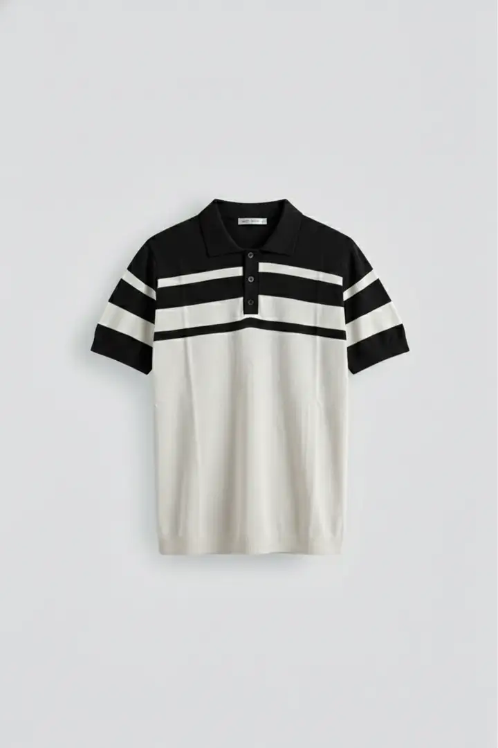 Çift Renk Şeritli Polo Yaka T-Shirt - Siyah Renk