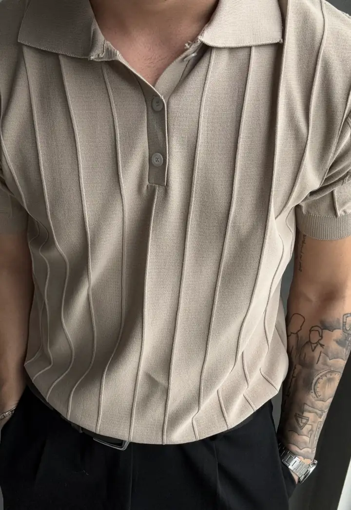 3 Düğmeli Yakalı Çizgi Detaylı Triko Tshirt - Krem