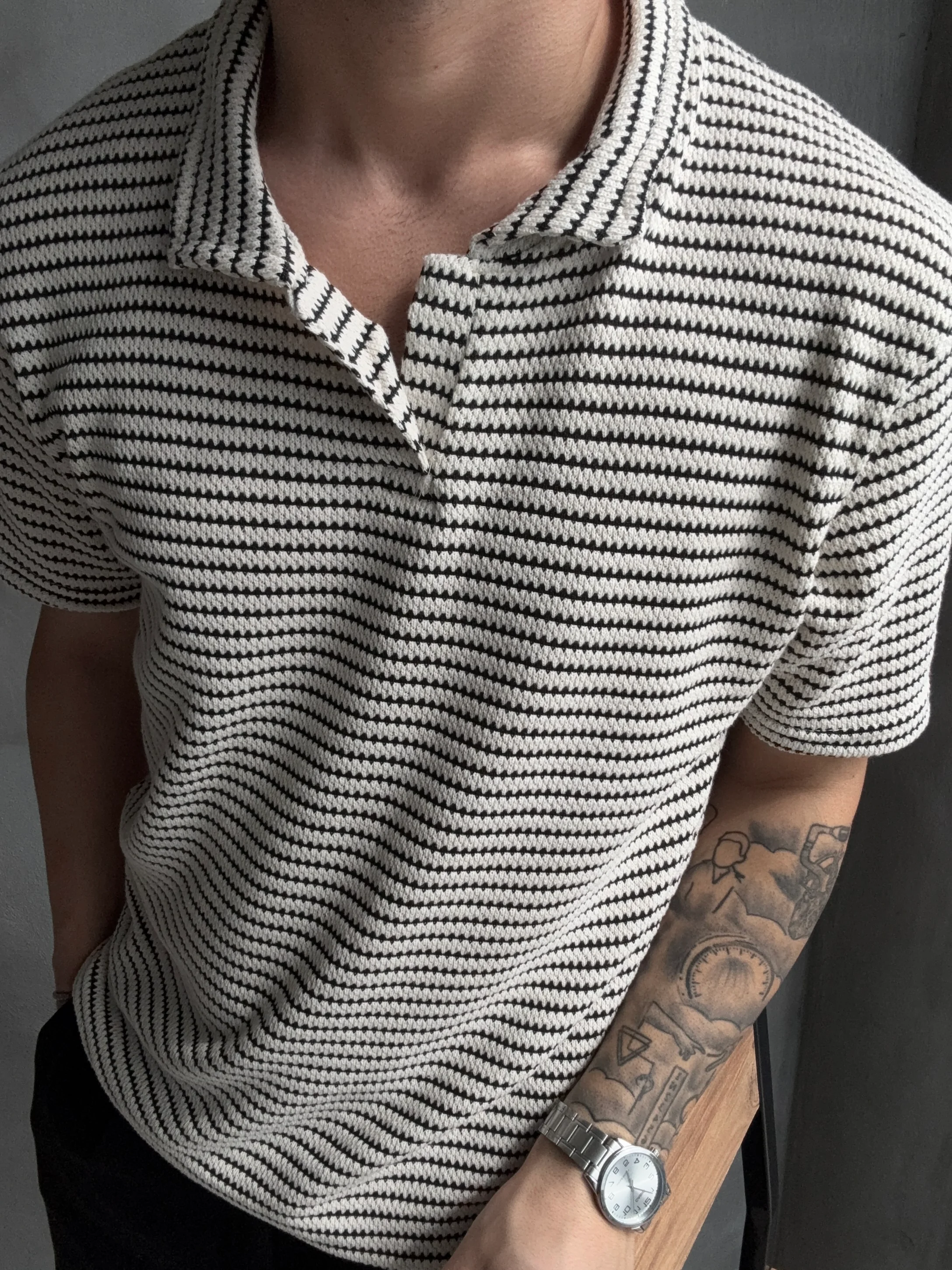 Jakar Çizgili Hemşire Yaka Triko T-Shirt