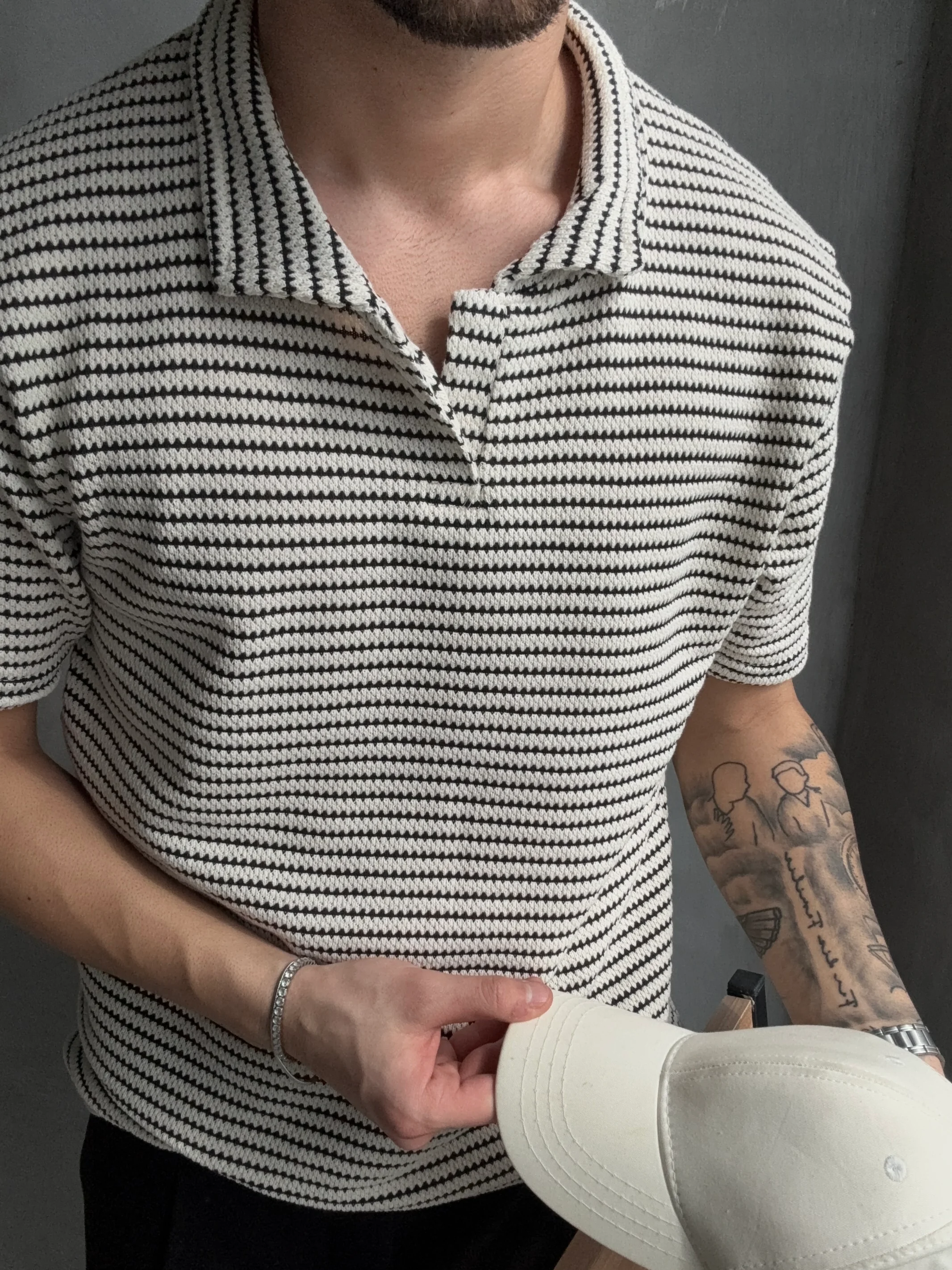 Jakar Çizgili Hemşire Yaka Triko T-Shirt