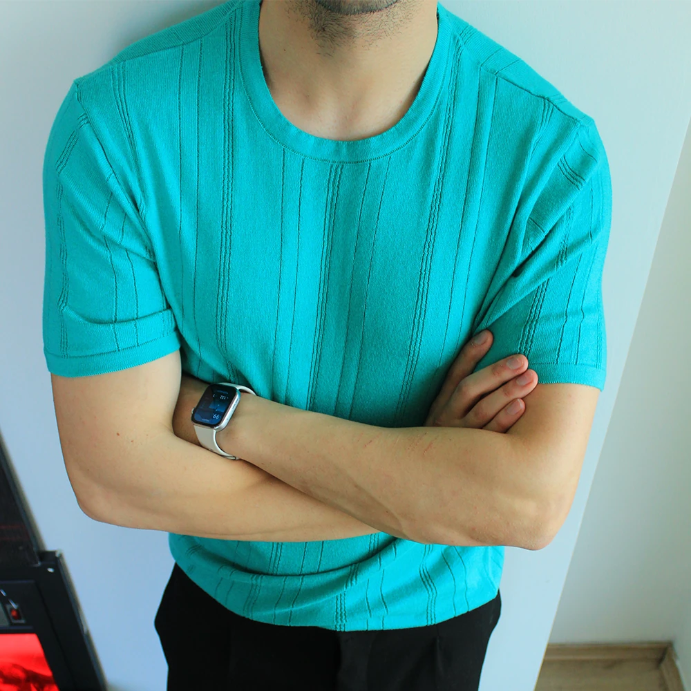 Dikey Çizgili Triko Basic T-Shirt