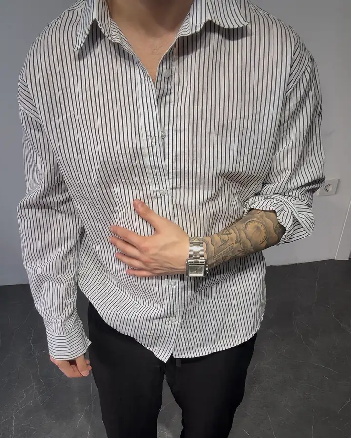 Geniş Çizgili Keten - Normal Gömlek