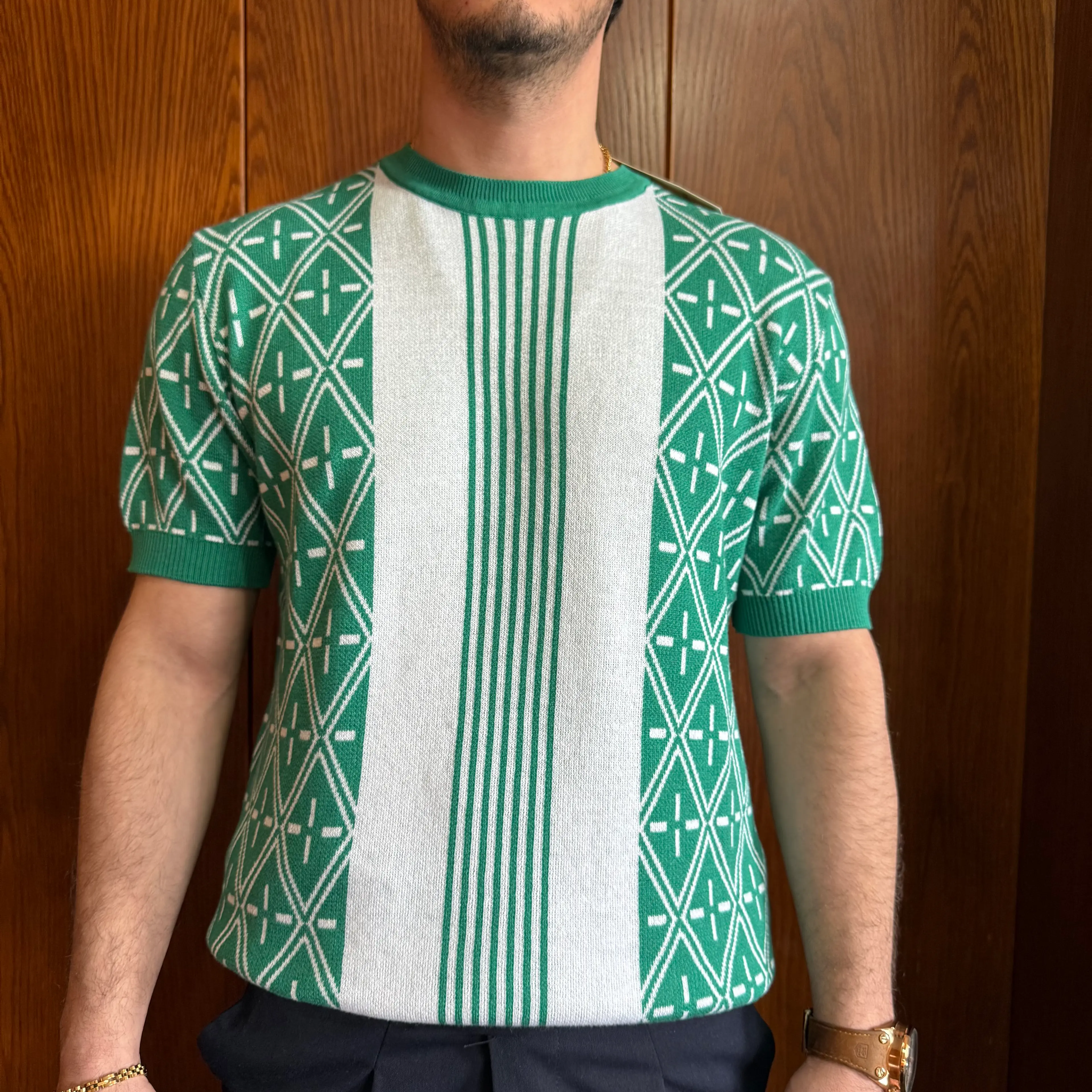 Baklava Desenli Bisiklet Yaka Triko T-Shirt