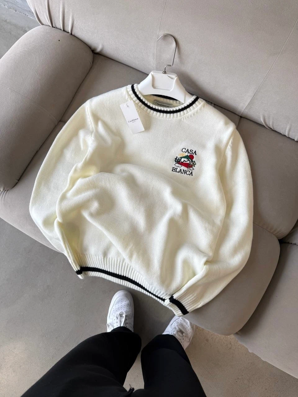 CSB Premium Şerit Detaylı Triko - Beyaz