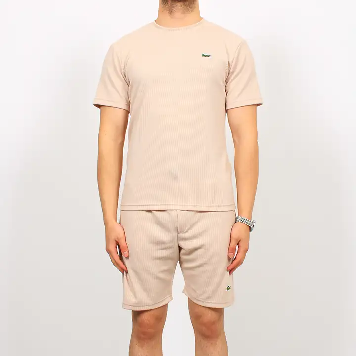 Çizgi Detaylı Regular Fit Şort Takım - Krem