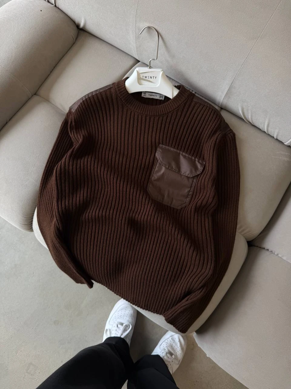 Premium Basic Cep Detaylı Triko - Kahverengi