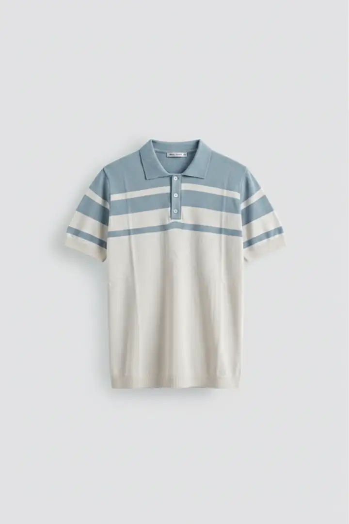 Çift Renk Şeritli Polo Yaka T-Shirt - Bebe Mavisi