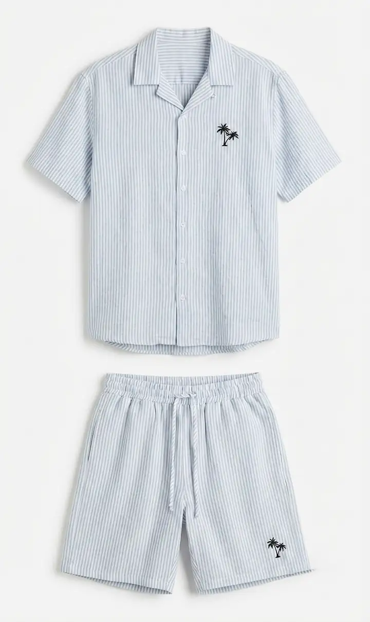 Çizgili Baskılı Keten Şort Takım - Bebe Mavisi