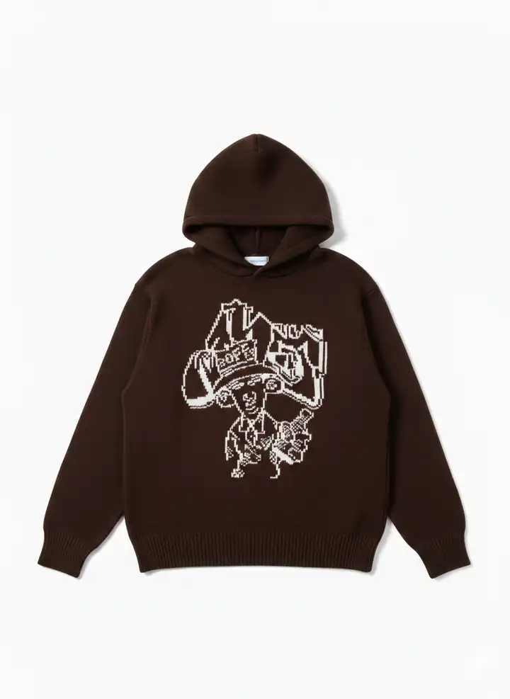 OF Premium Göğüs Ve Sırt Baskılı Kordonlu Triko - Kahverengi Renk