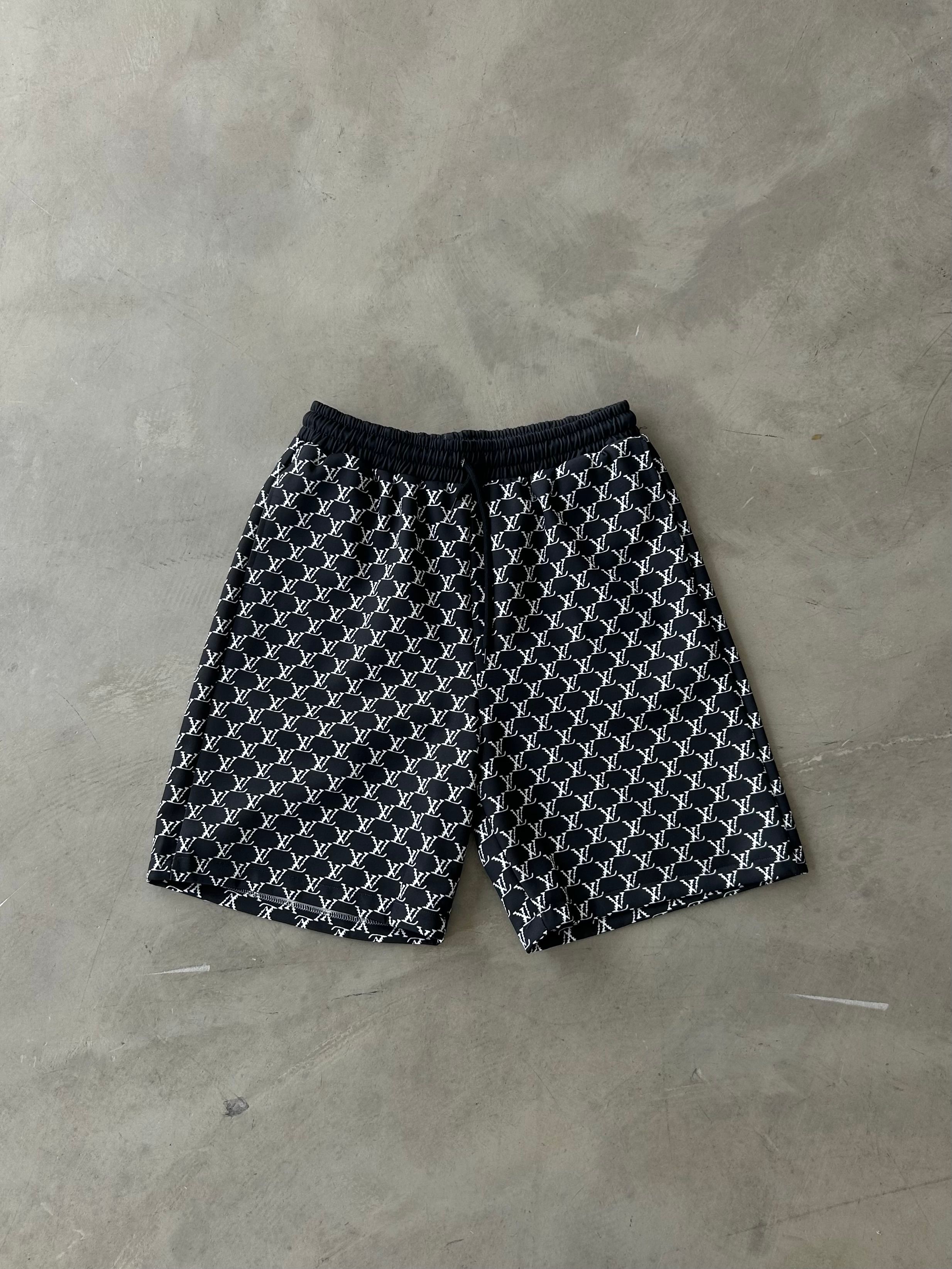 LV Desenli Premium Şort - Siyah