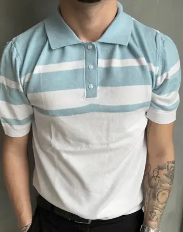 Çift Renk Şeritli Polo Yaka T-Shirt - Bebe Mavisi